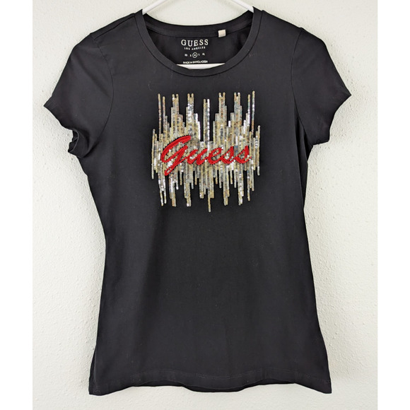 GUESS Los Angeles sz M T-shirt knit spell out on front with sequins shiny 1030 - Picture 1 of 5